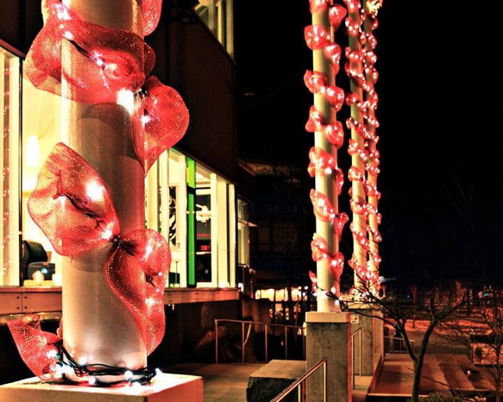 Christmas Light Installation - Red Tule Garland and Red and White Mini-lights Wrapped on Columns